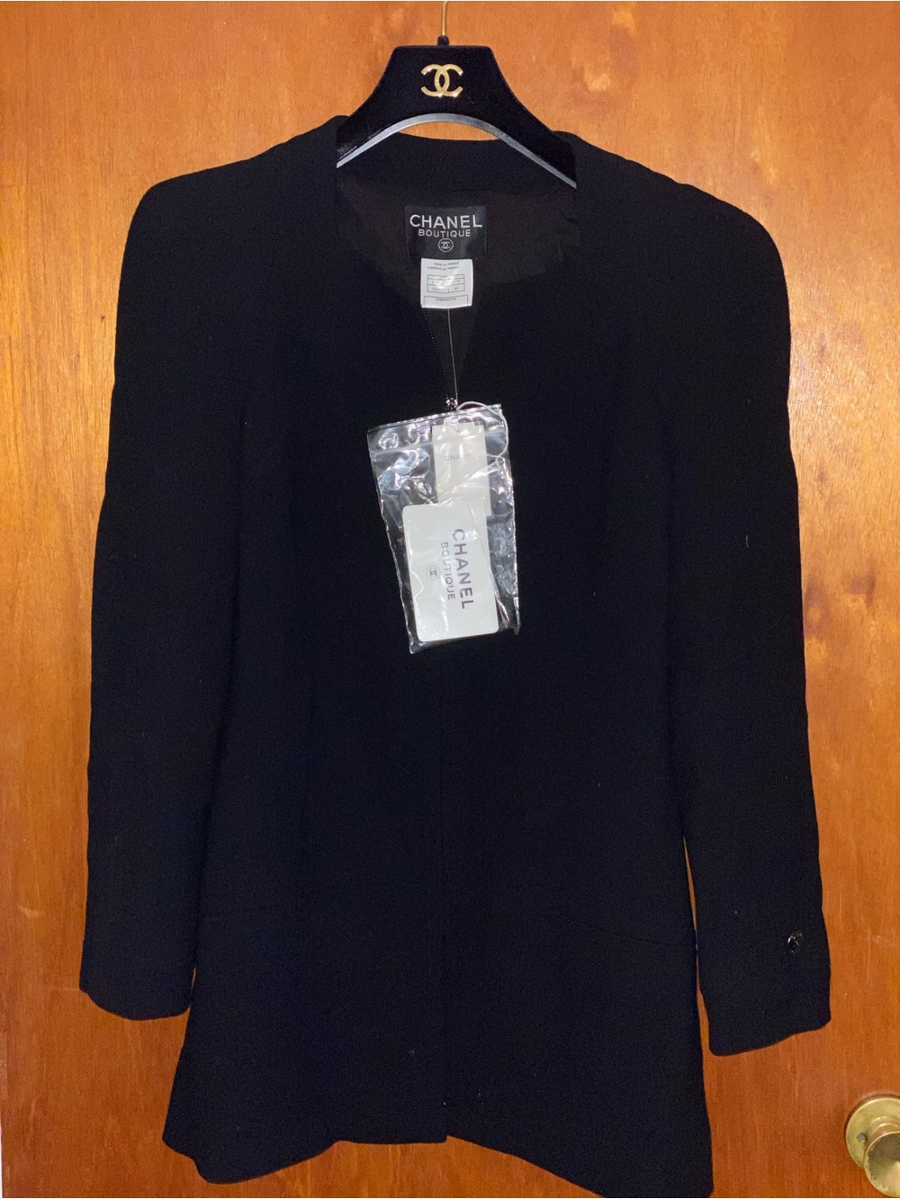 CHANEL Boutique Black Longline Collarless Blazer Jacket